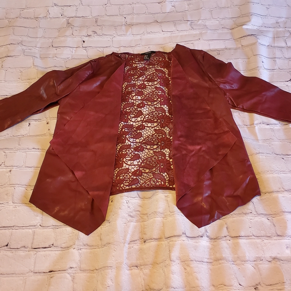 Burgundy "leather & lace" open drape jacket by Forever 21 size M